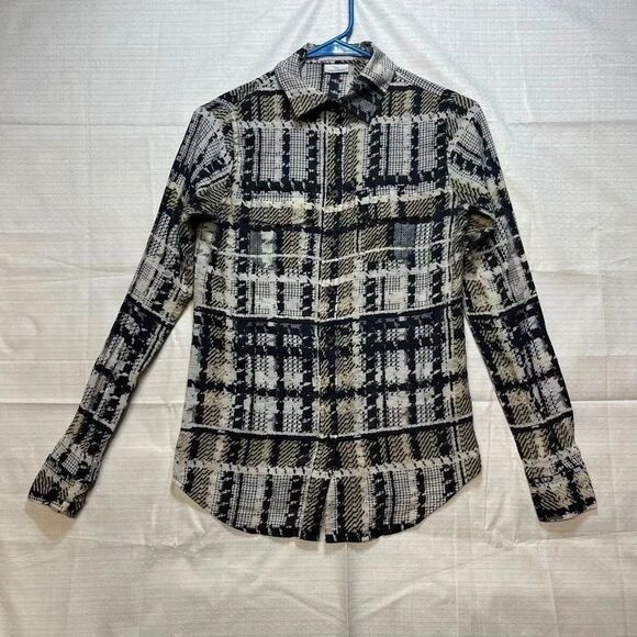 Van Heusen Tops - Van Heusen Womens Button Front Blouse Black Beige Print Long Sleeve Size XXS